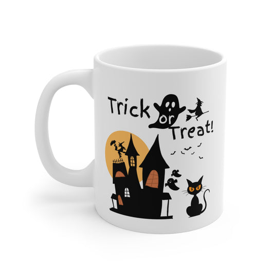 Halloween-Themed Mug, Cat Lover Gift, Trick or Treat Beverage Cup, Spooky Coffee Mug, Fun Halloween Decor
